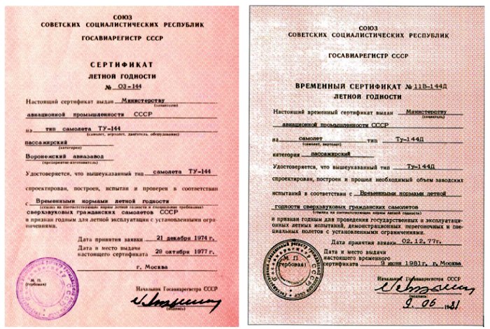 Сертификаты летной годности на Ту-144