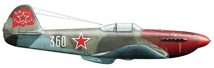 Боковик Як-3 (борт 360) подполковника А.Д.Якименко с надписью «На Родину с Победой!» на киле.